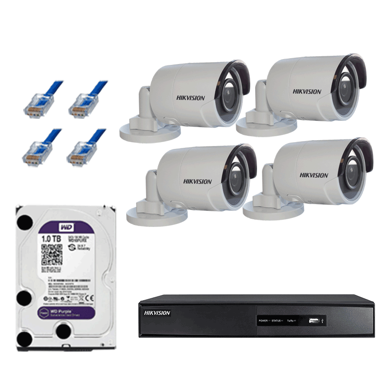 Kit COMPLET de supraveghere IP Hikvision cu 4 camere de interior/exterior tip bullet 2 MP cu HDD 1TB si 100m cablu UTP